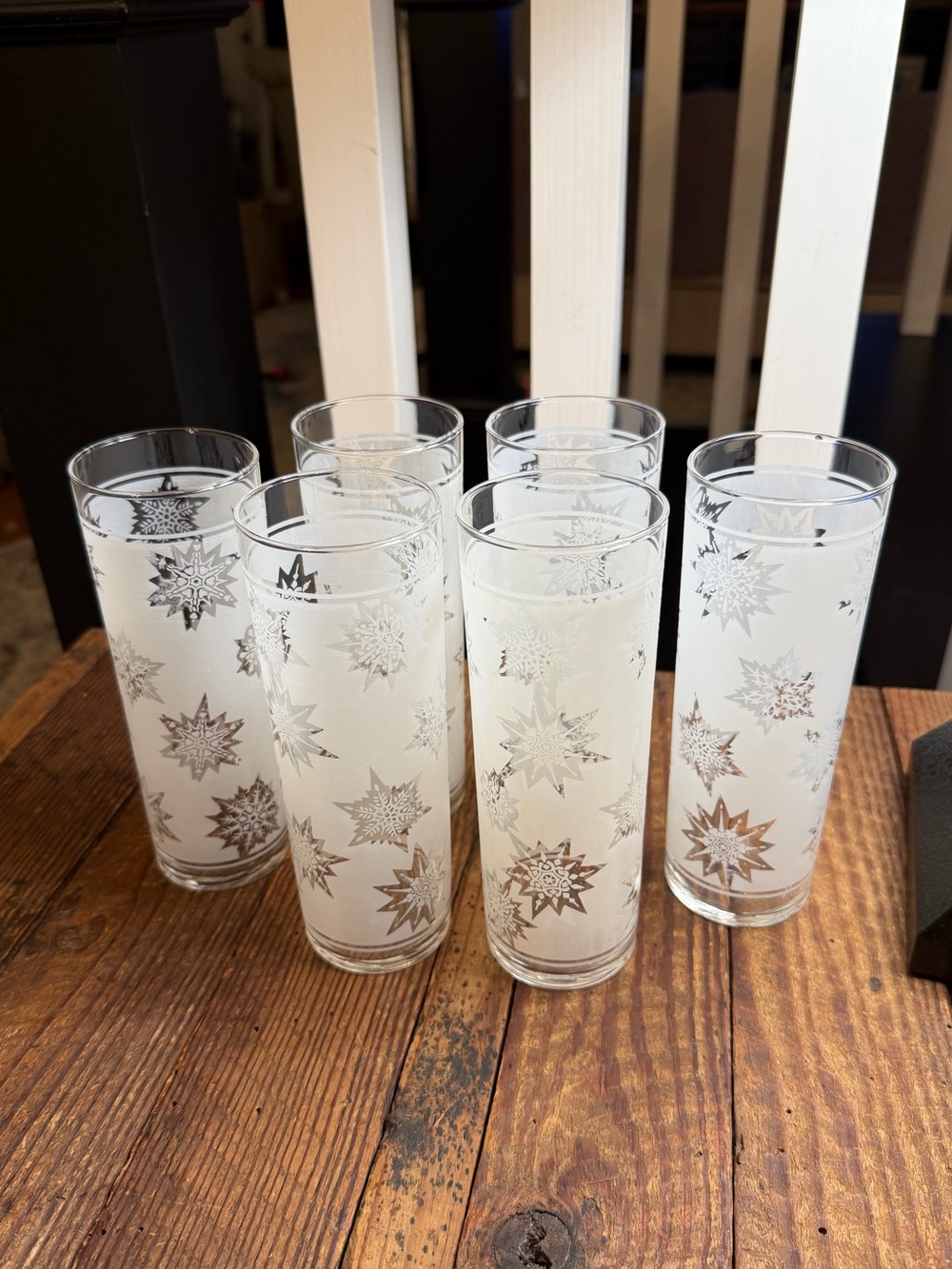 Set of (6) vintage MCM Federal Glass frosted "Atomic Snowflake" highball glasses